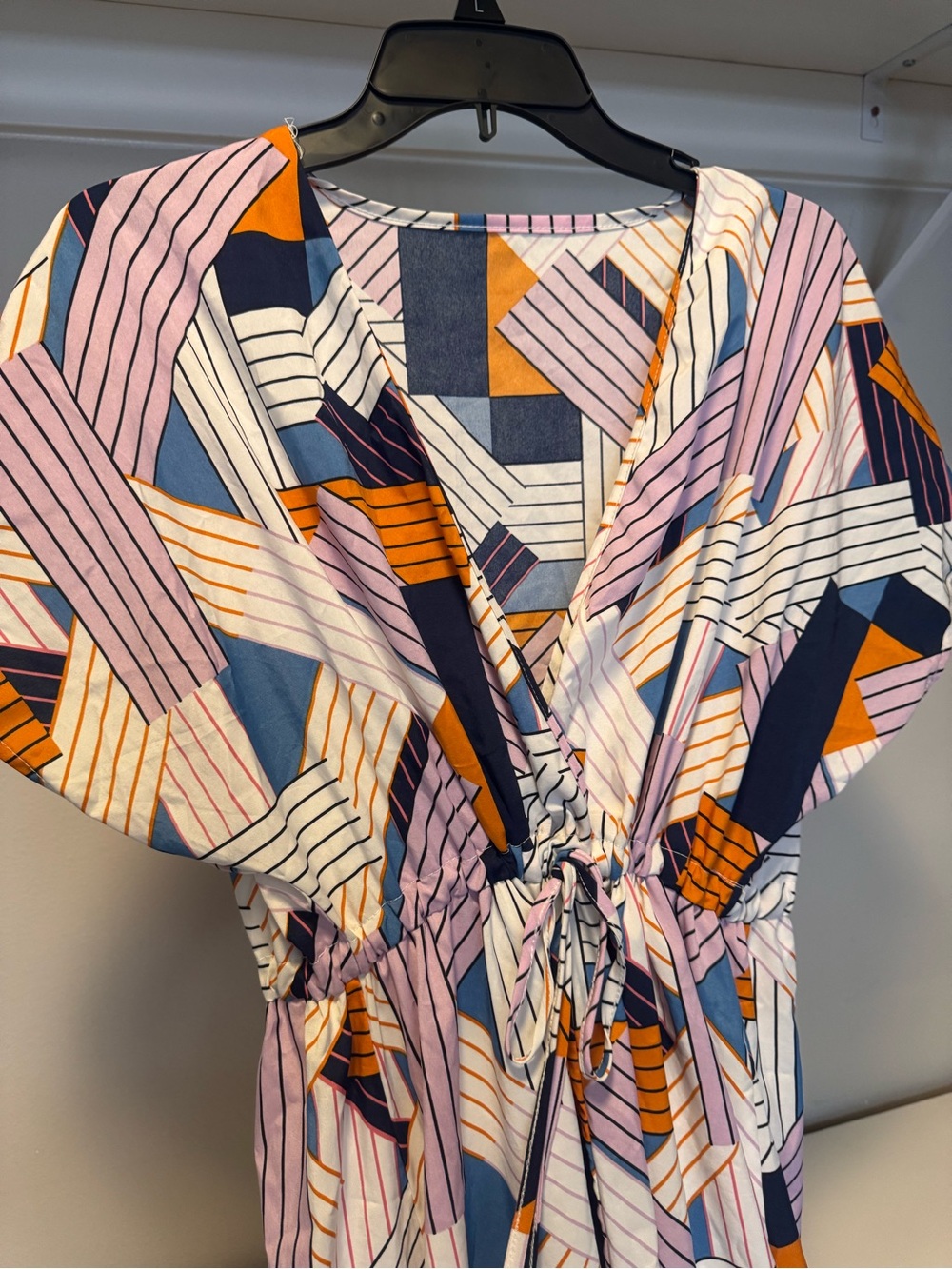 Geometric Print Drawstring Waist Dress in Pink, Navy & Mustard